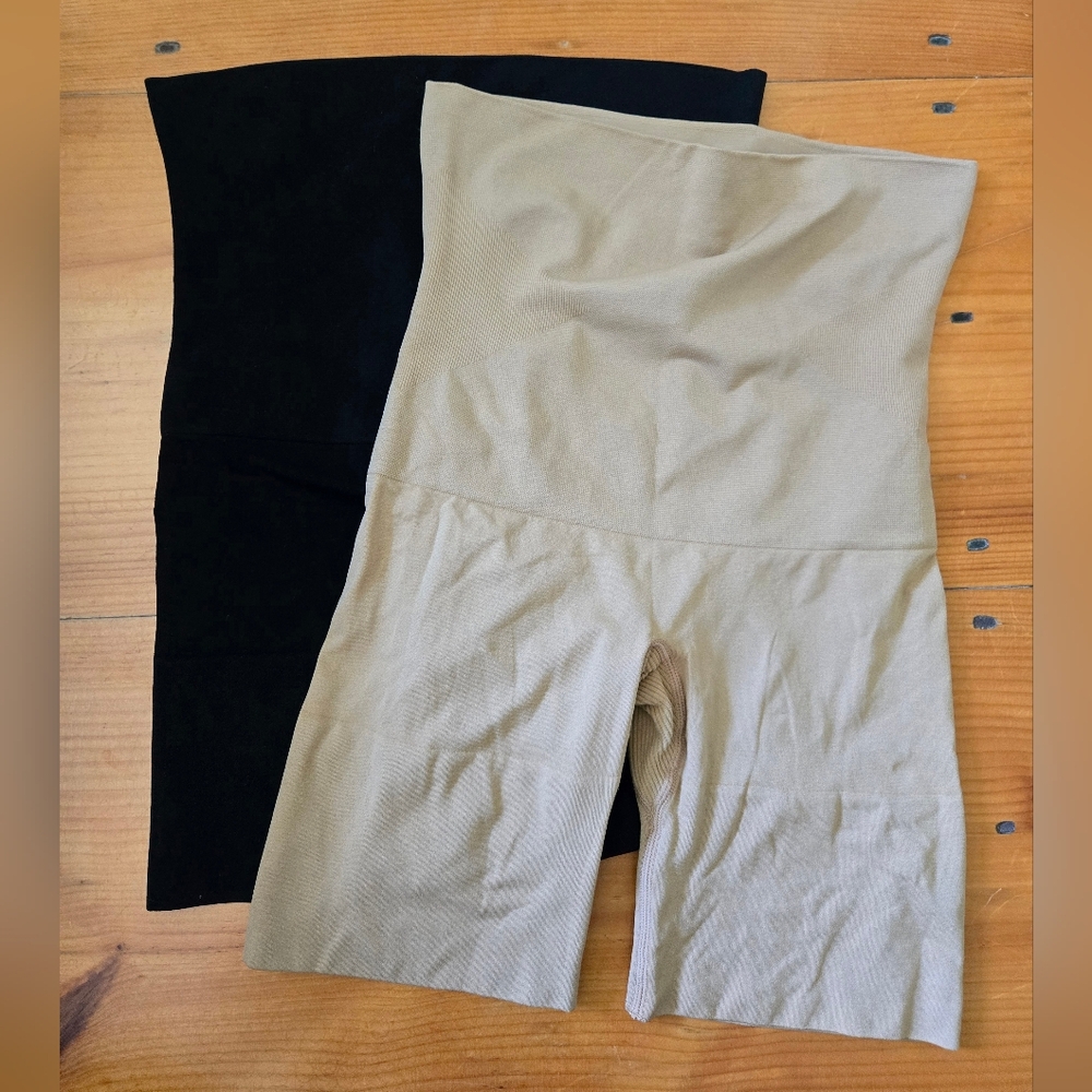 (2!) Underoutfit Women's Black and Tan High-Waisted Bike Shorts/ Shapewear